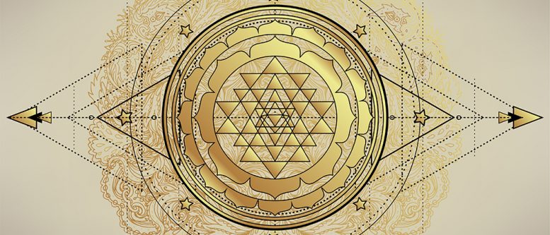 Sanskrit Mantra for how to be Invincible The Sri Yantra or Sri Chakra, form of mystical diagram, Shri Vidya school of Hindu tantra symbol. Sacred geometry vector design element